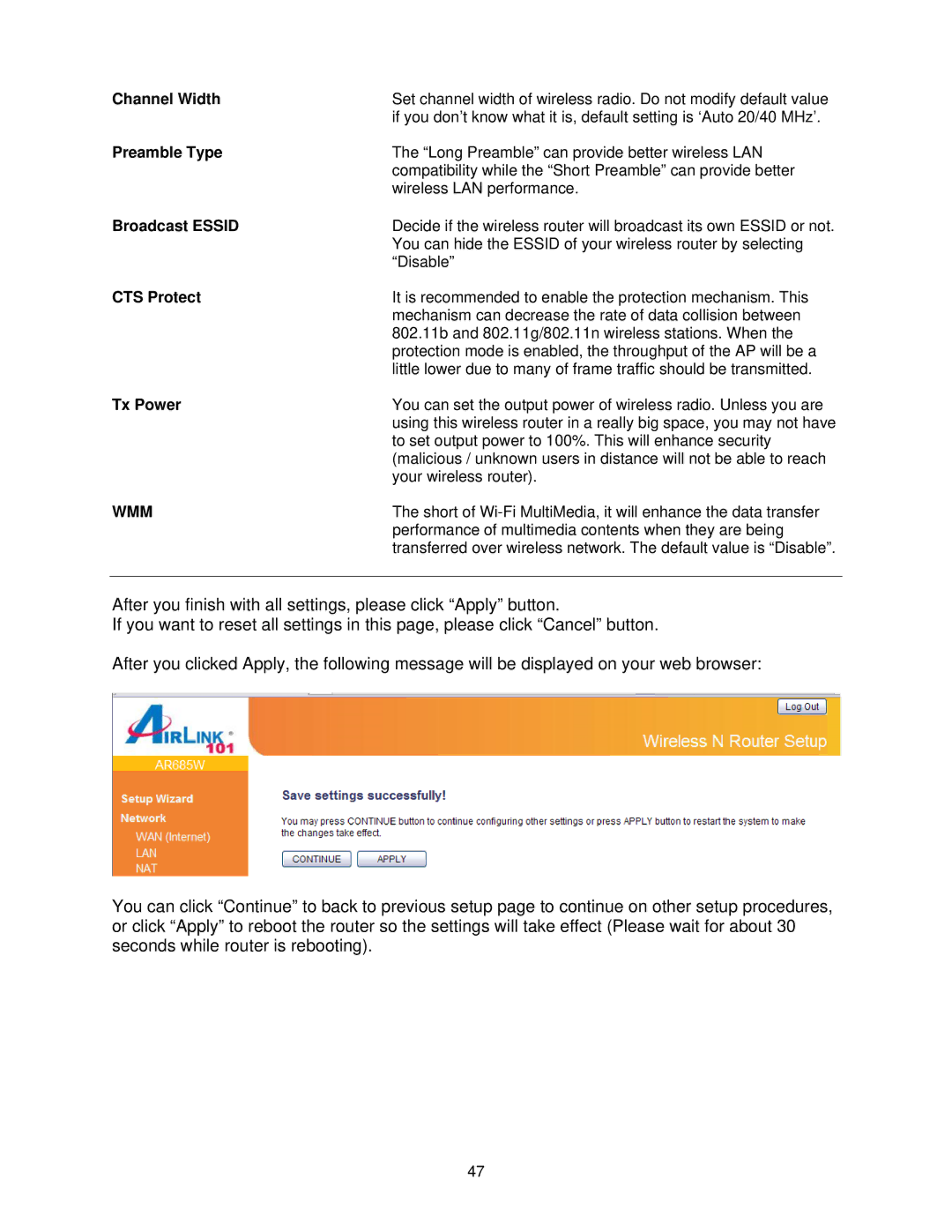 Airlink101 AR685W user manual Channel Width, Preamble Type, Broadcast Essid, CTS Protect, Tx Power 