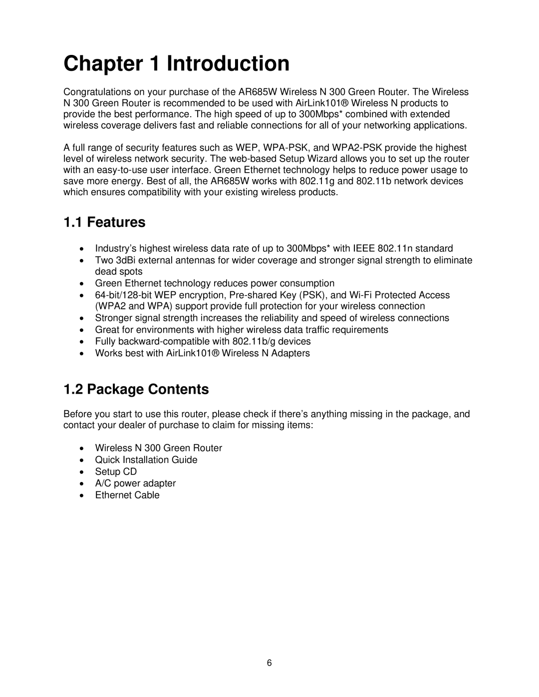 Airlink101 AR685W user manual Features, Package Contents 