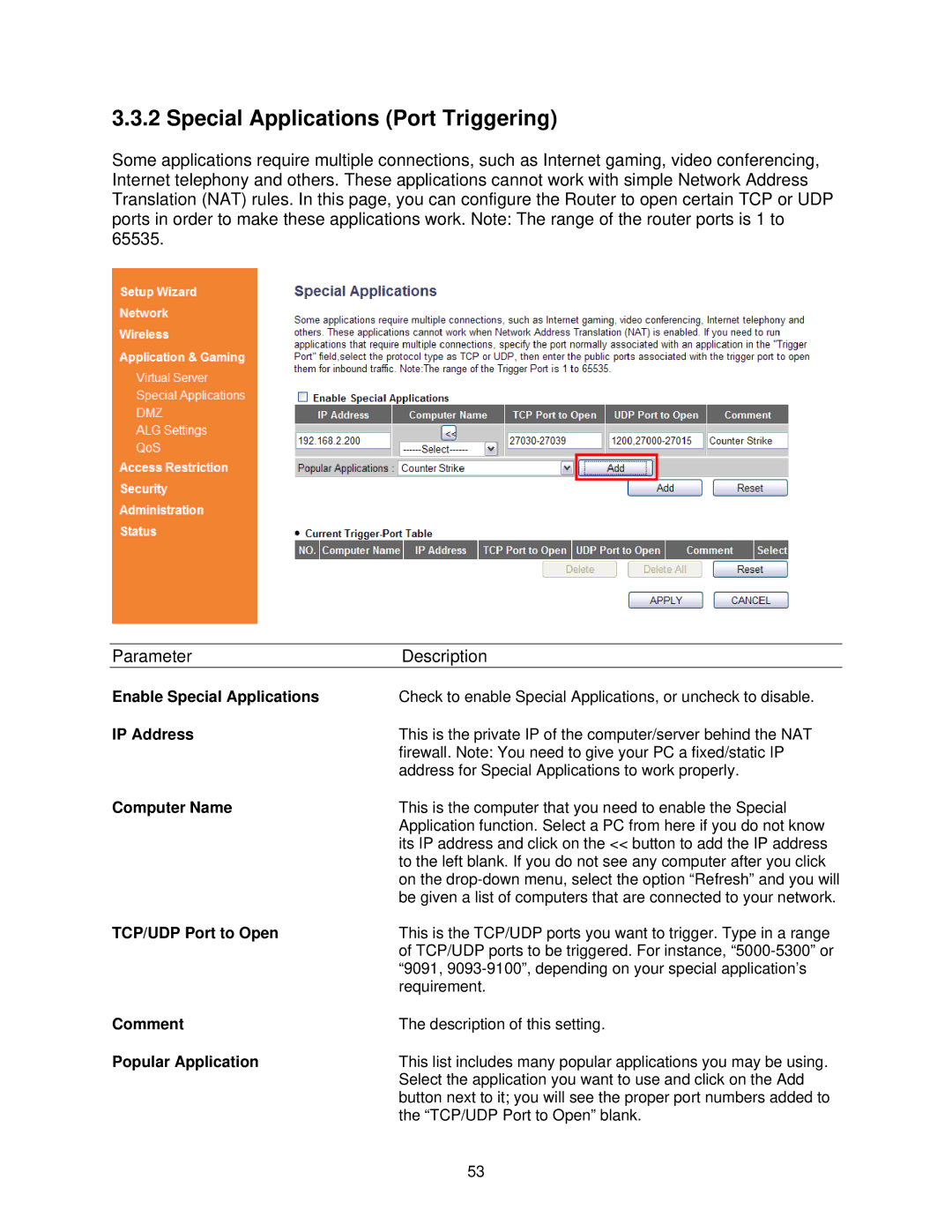 Airlink101 AR685W user manual Special Applications Port Triggering, Enable Special Applications, TCP/UDP Port to Open 