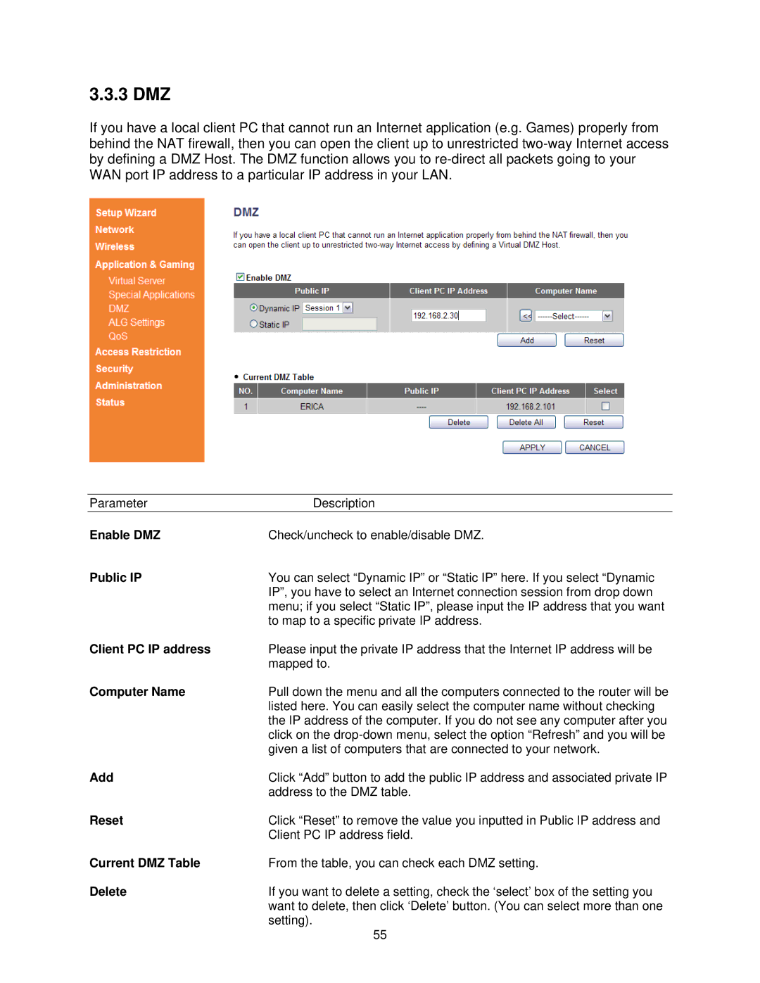 Airlink101 AR685W user manual 3 DMZ, Enable DMZ, Public IP, Client PC IP address, Current DMZ Table 