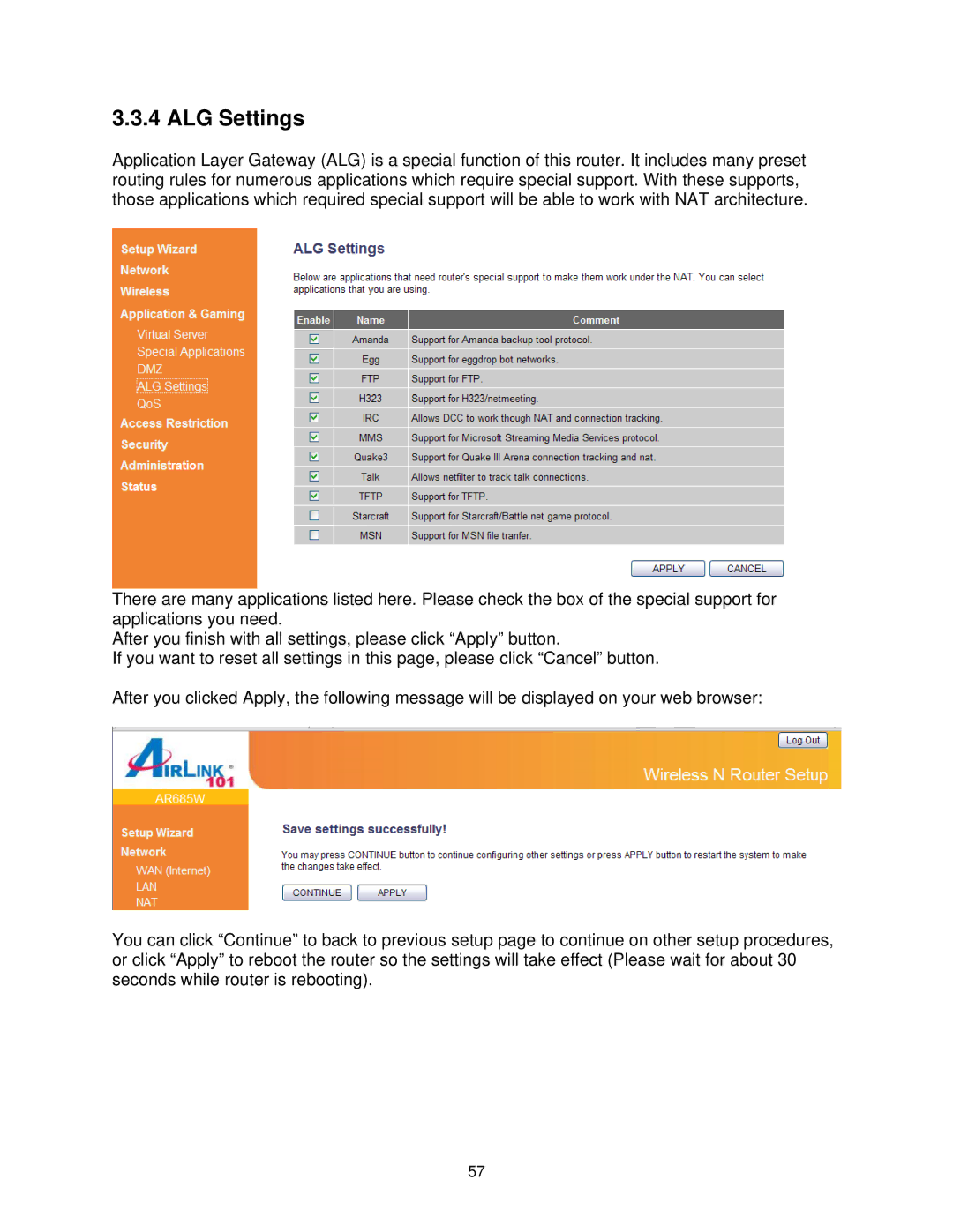 Airlink101 AR685W user manual ALG Settings 