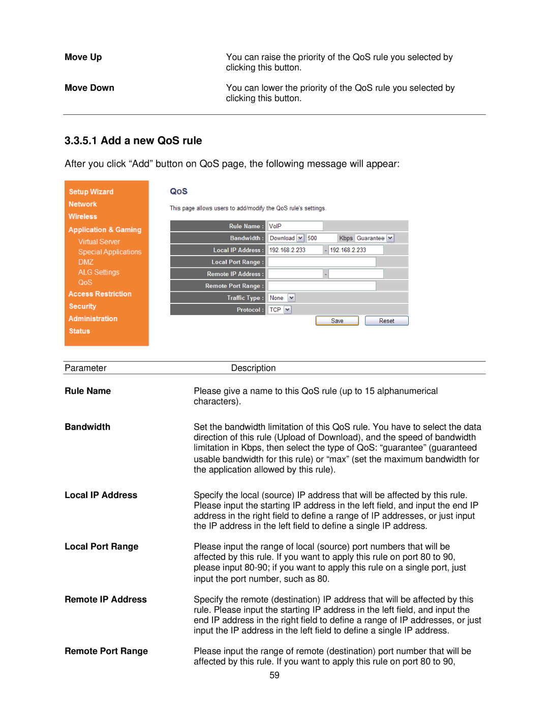 Airlink101 AR685W Move Up, Move Down, Rule Name, Bandwidth, Local IP Address, Local Port Range, Remote IP Address 