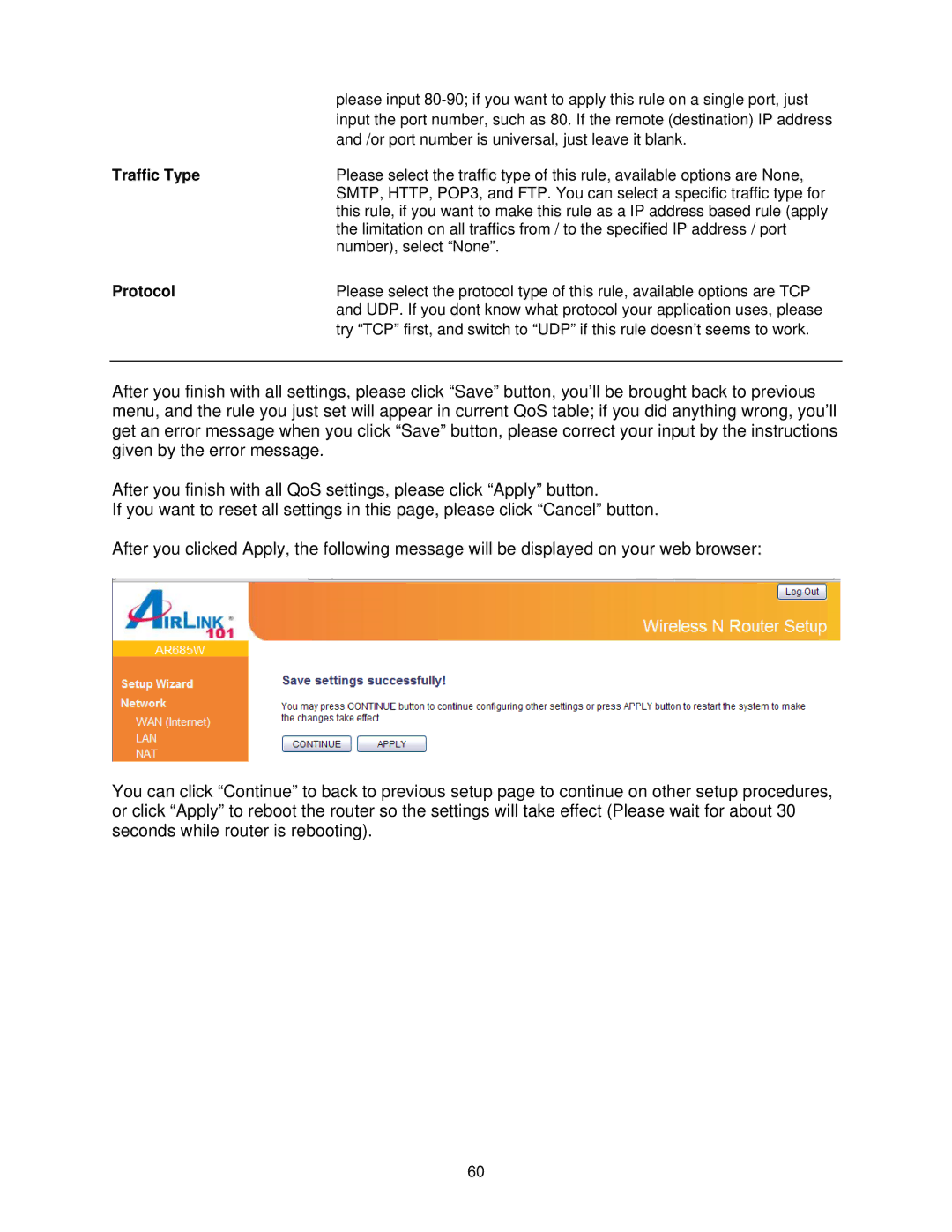 Airlink101 AR685W user manual Traffic Type, Protocol 