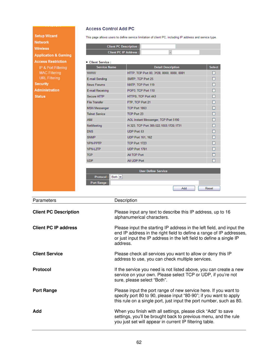 Airlink101 AR685W user manual Client PC Description, Client Service, Port Range 