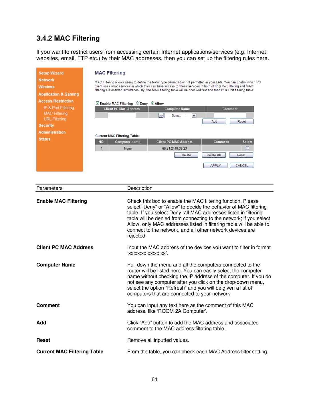 Airlink101 AR685W user manual Enable MAC Filtering, Client PC MAC Address, Current MAC Filtering Table 