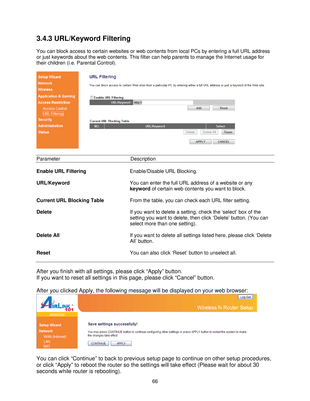 Airlink101 AR685W user manual 3 URL/Keyword Filtering, Enable URL Filtering, Current URL Blocking Table 