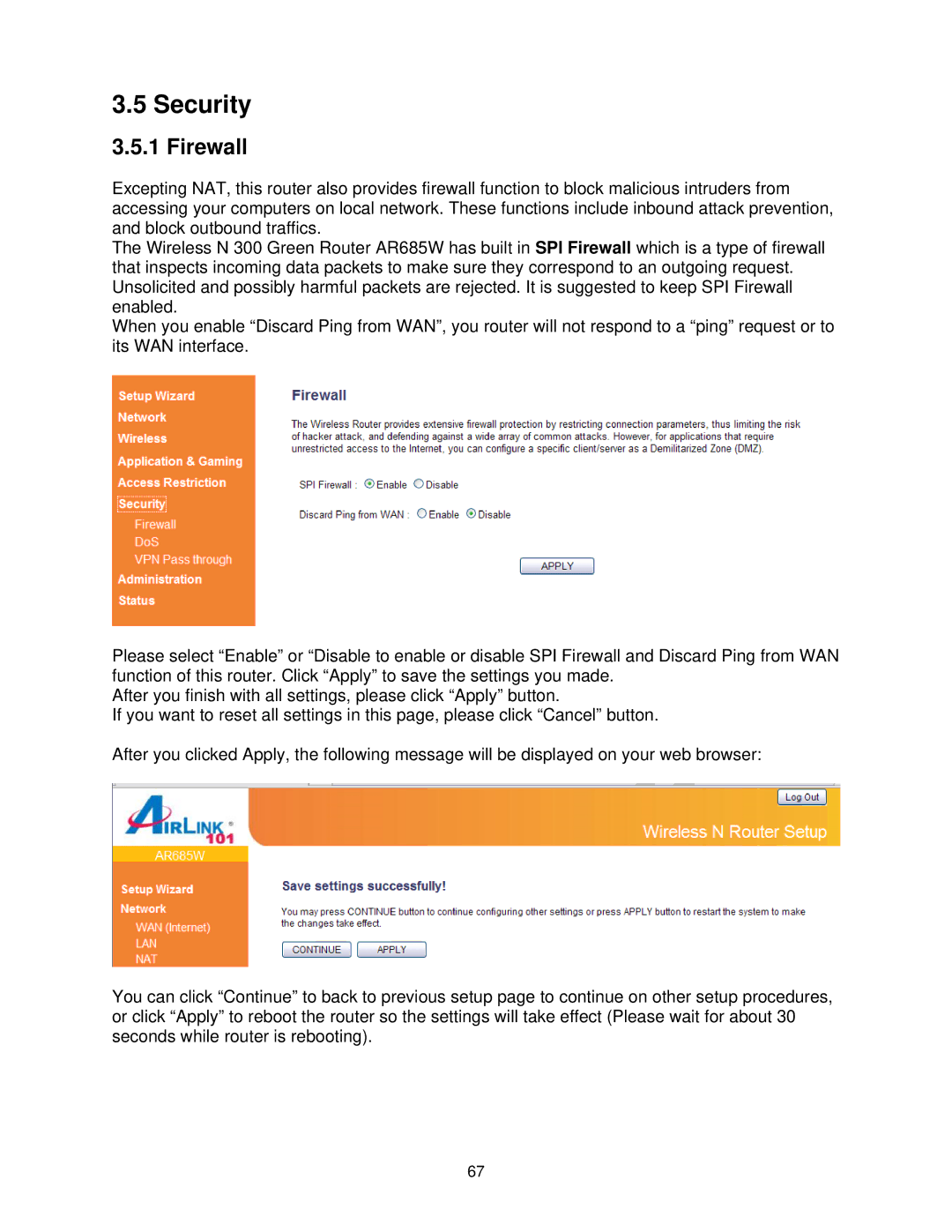 Airlink101 AR685W user manual Security, Firewall 