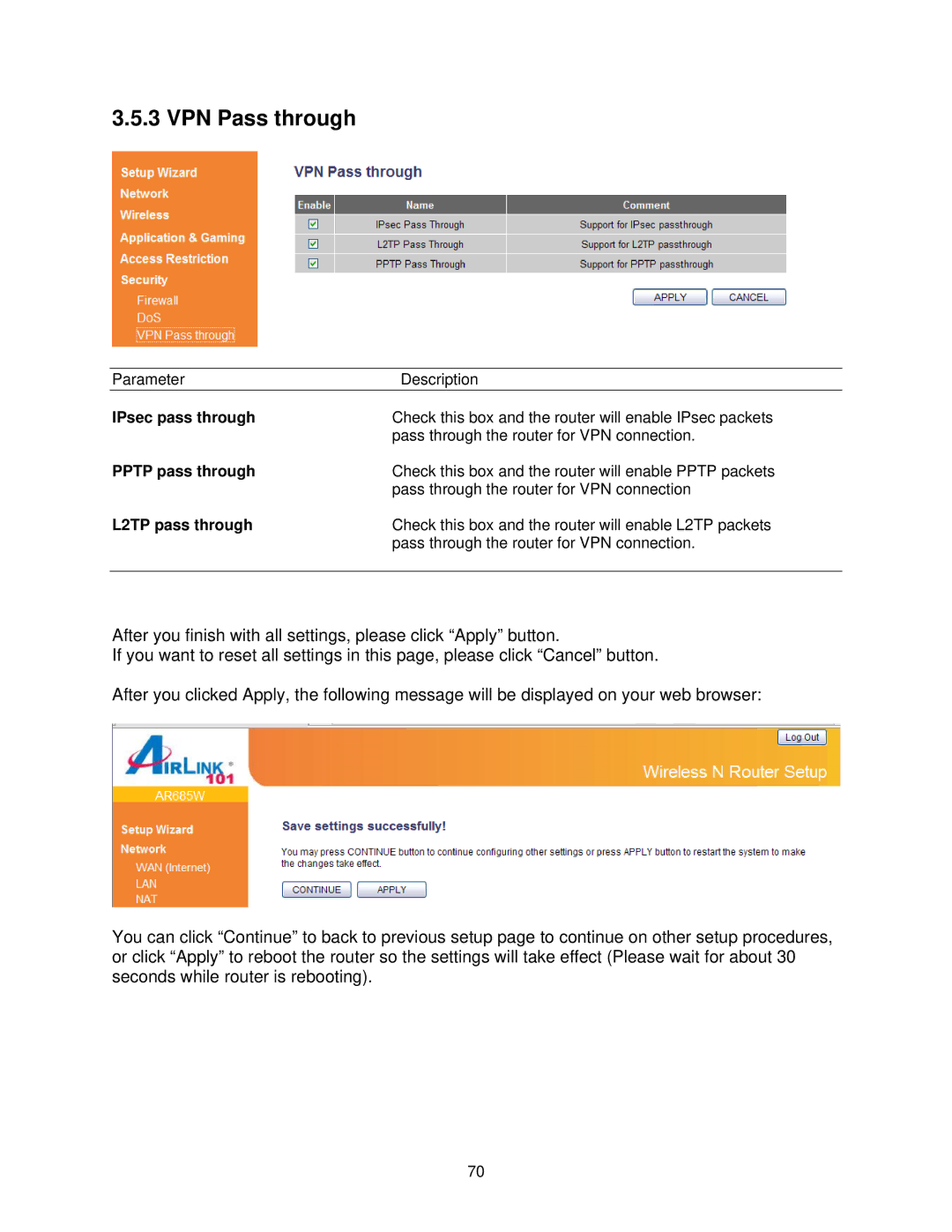 Airlink101 AR685W user manual VPN Pass through, IPsec pass through, Pptp pass through, L2TP pass through 