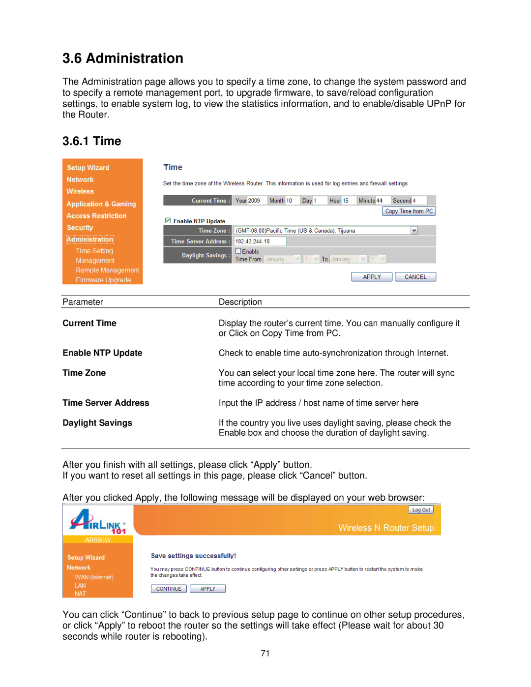 Airlink101 AR685W user manual Administration, Time 