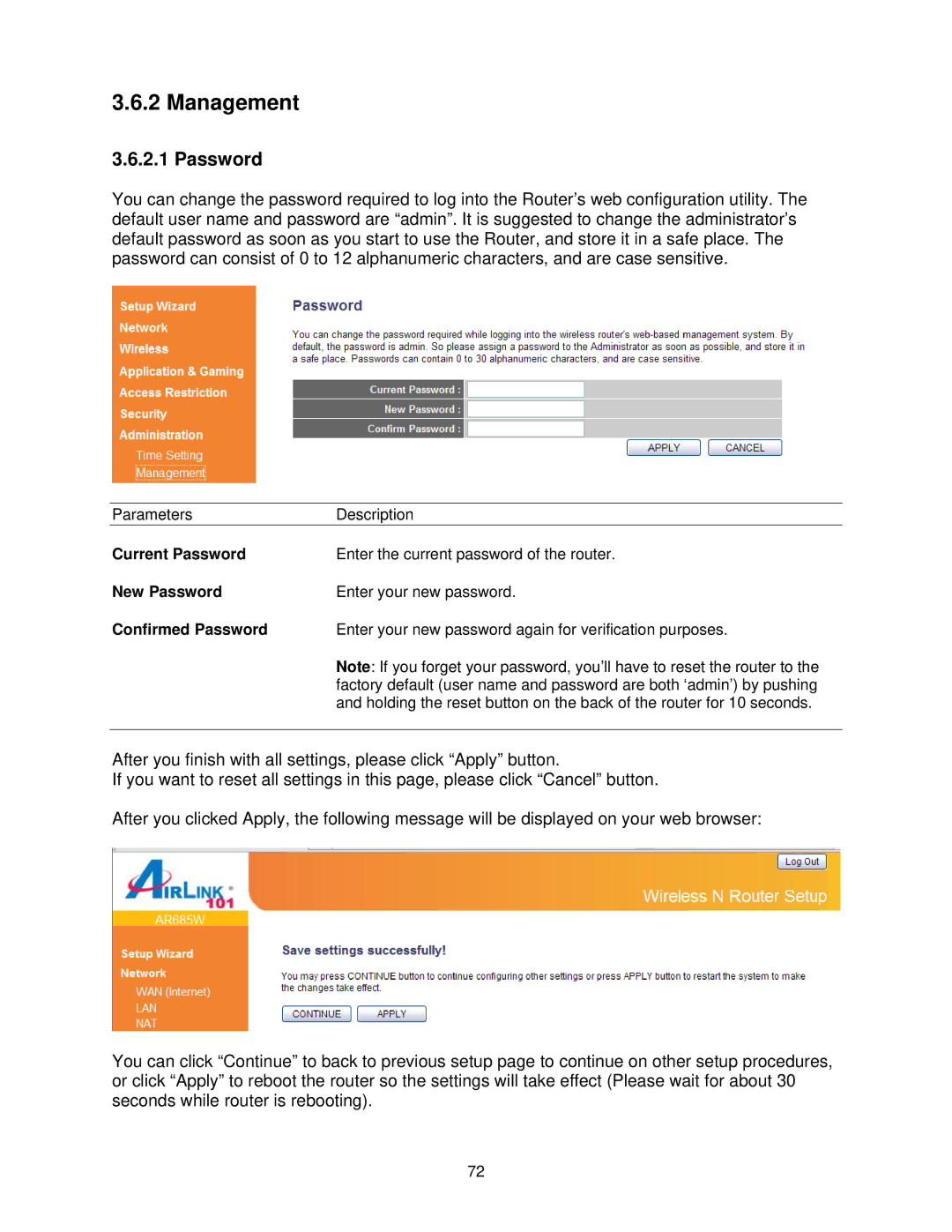 Airlink101 AR685W user manual Management, Current Password, New Password, Confirmed Password 