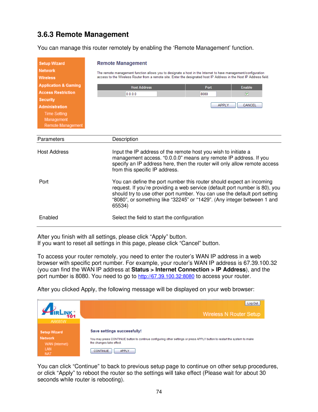 Airlink101 AR685W user manual Remote Management 