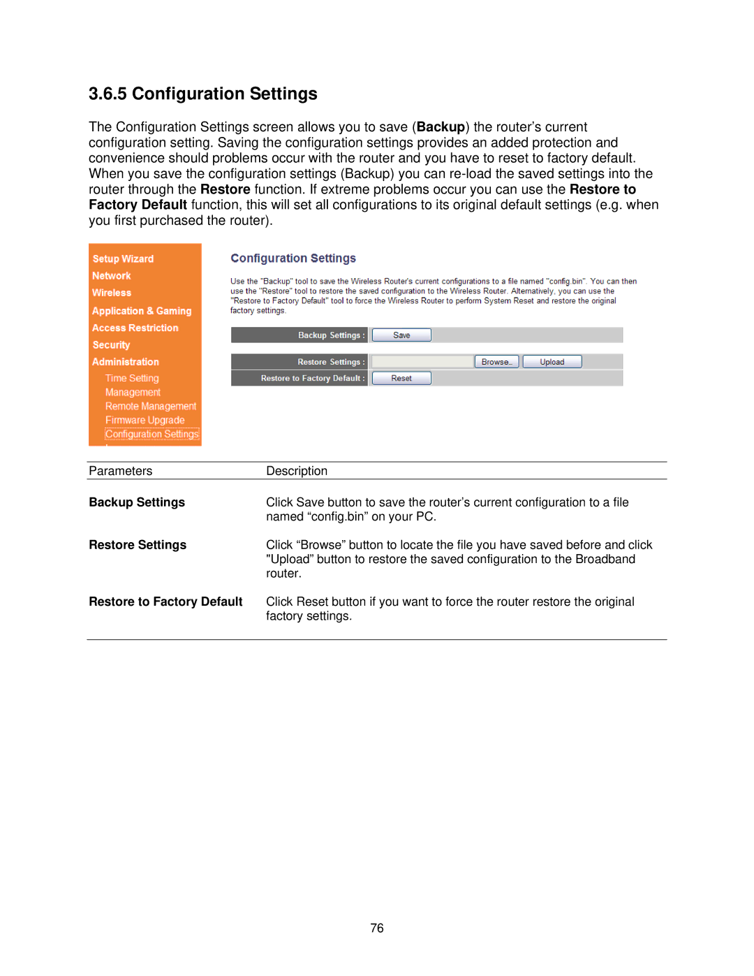 Airlink101 AR685W user manual Configuration Settings, Backup Settings, Restore Settings, Restore to Factory Default 