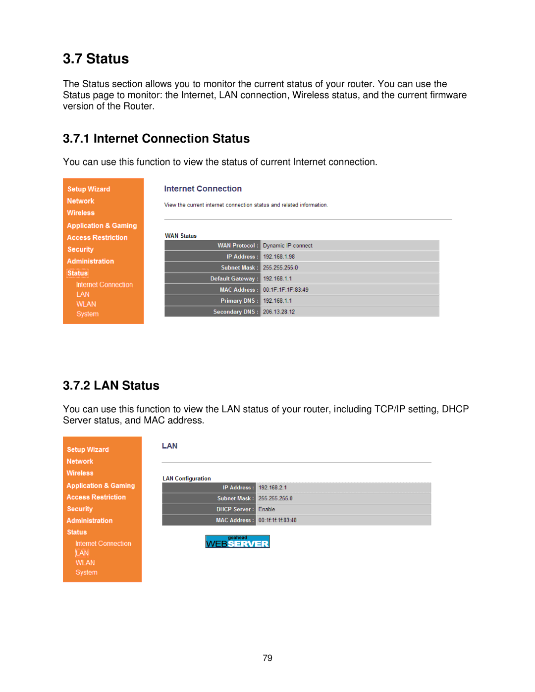 Airlink101 AR685W user manual Internet Connection Status, LAN Status 