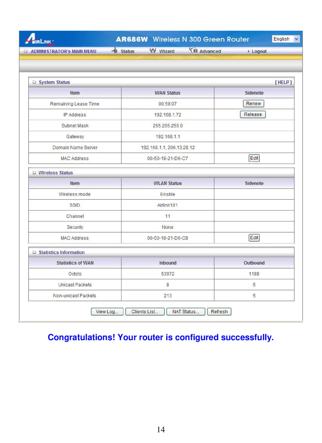 Airlink101 AR686W manual Congratulations! Your router is configured successfully 