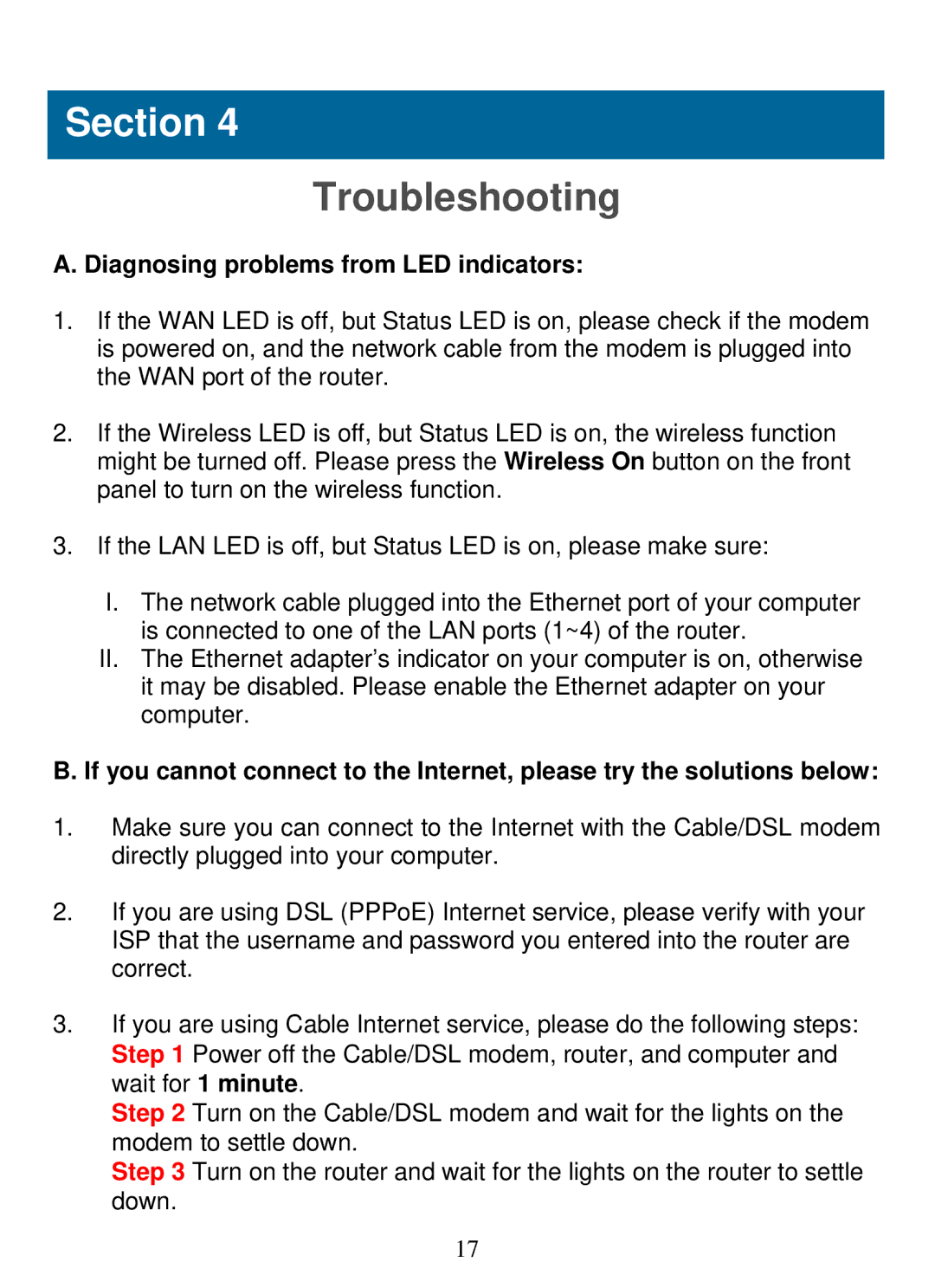 Airlink101 AR686W manual Troubleshooting, Diagnosing problems from LED indicators 