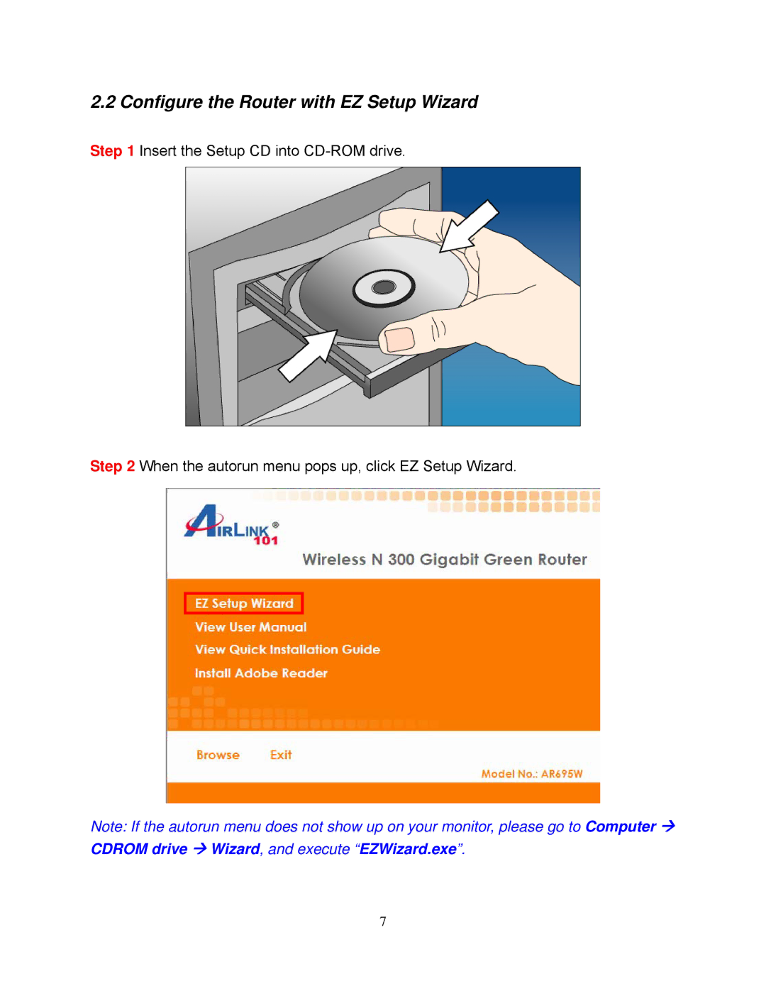 Airlink101 AR695W manual Configure the Router with EZ Setup Wizard 