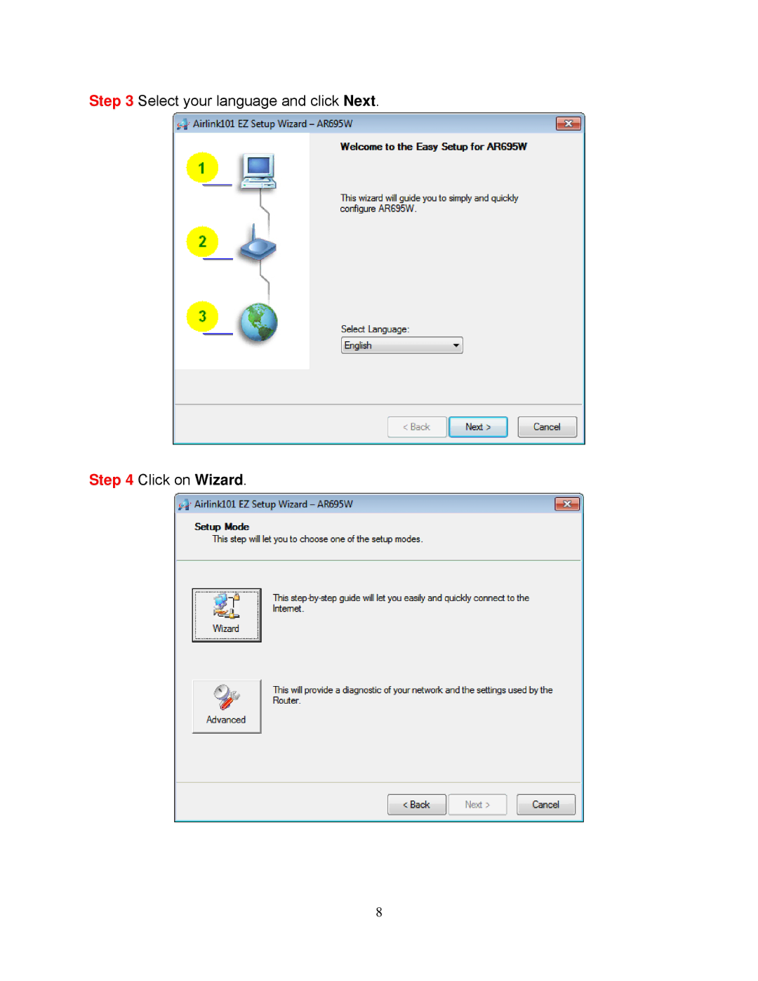 Airlink101 AR695W manual Select your language and click Next Click on Wizard 