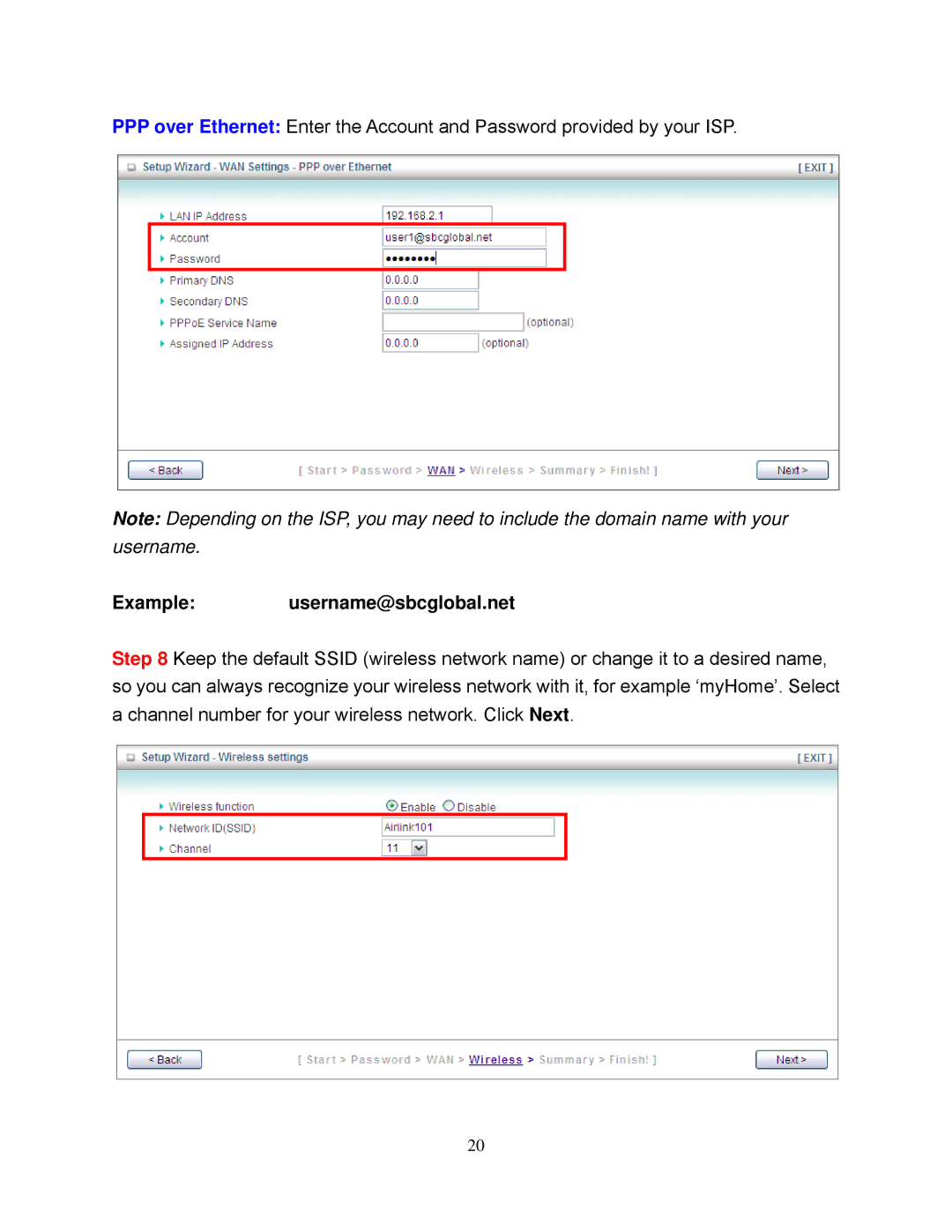 Airlink101 AR695W manual Example username@sbcglobal.net 