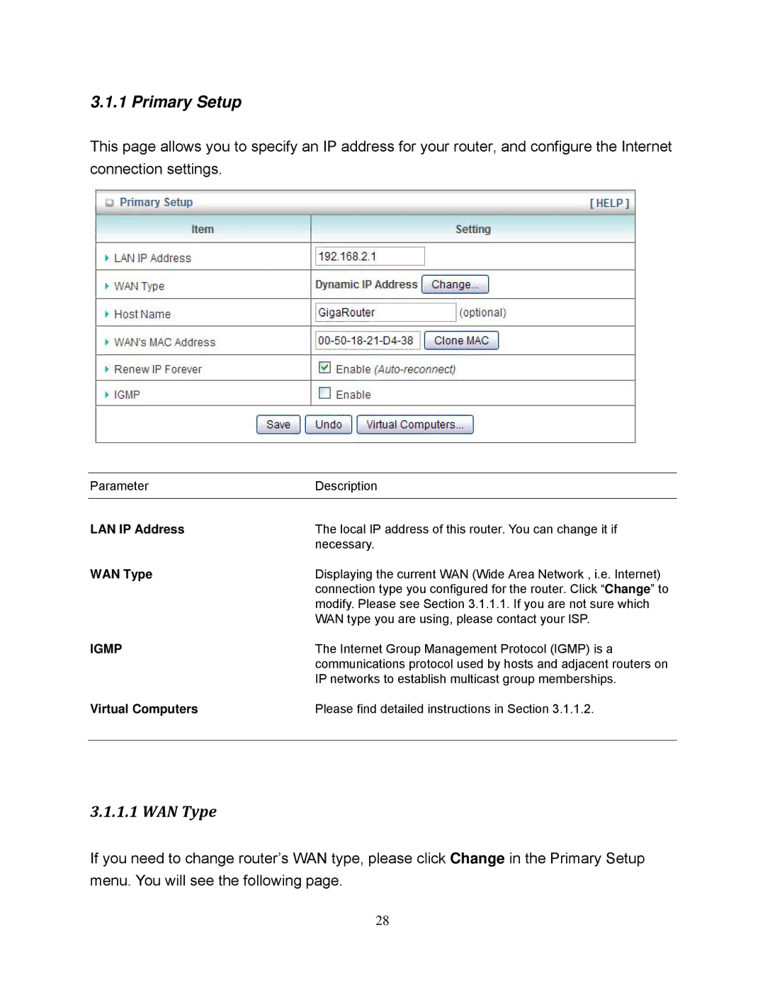 Airlink101 AR695W manual Primary Setup, LAN IP Address, WAN Type, Virtual Computers 