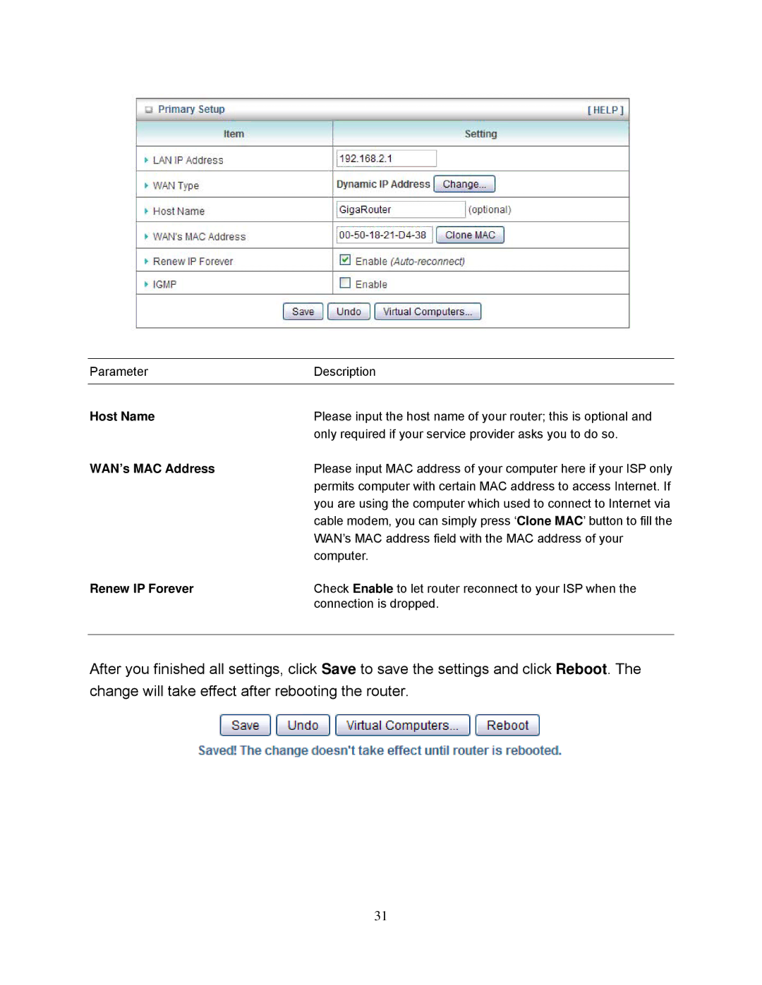 Airlink101 AR695W manual Host Name, WAN’s MAC Address, Renew IP Forever 