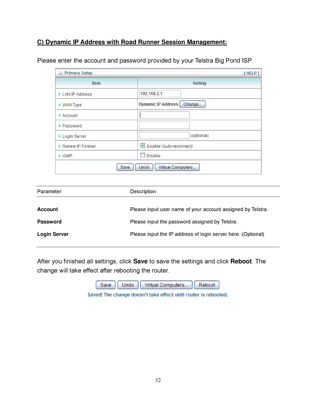 Airlink101 AR695W manual Dynamic IP Address with Road Runner Session Management, Account, Password, Login Server 