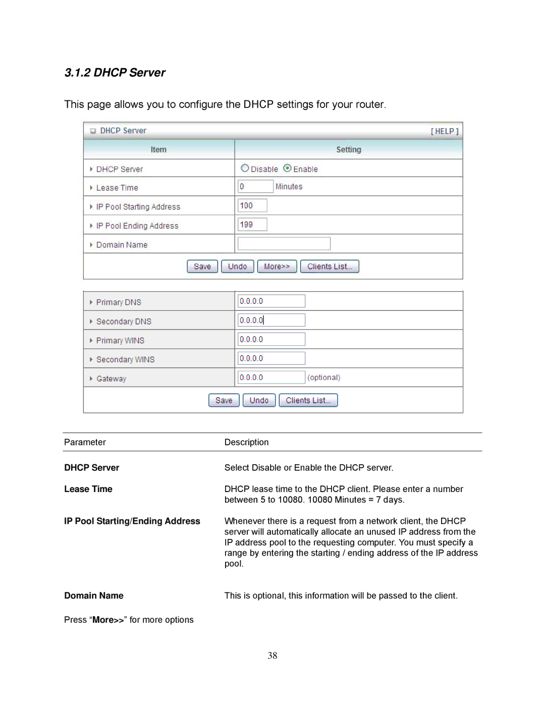 Airlink101 AR695W manual Dhcp Server, Lease Time, IP Pool Starting/Ending Address, Domain Name 