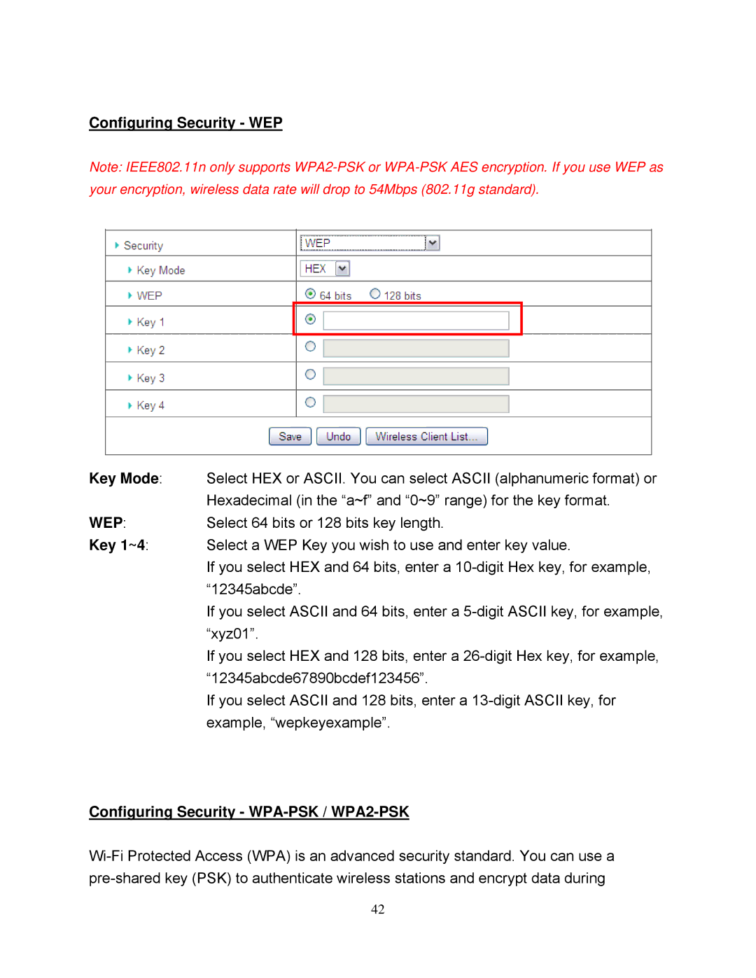 Airlink101 AR695W manual Configuring Security WEP, Configuring Security WPA-PSK / WPA2-PSK 