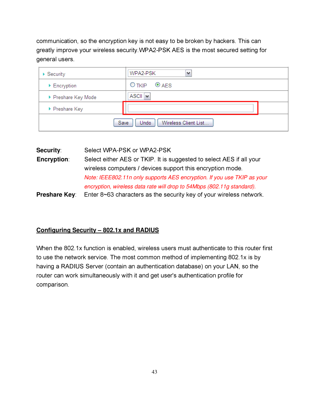 Airlink101 AR695W manual Configuring Security 802.1x and Radius 