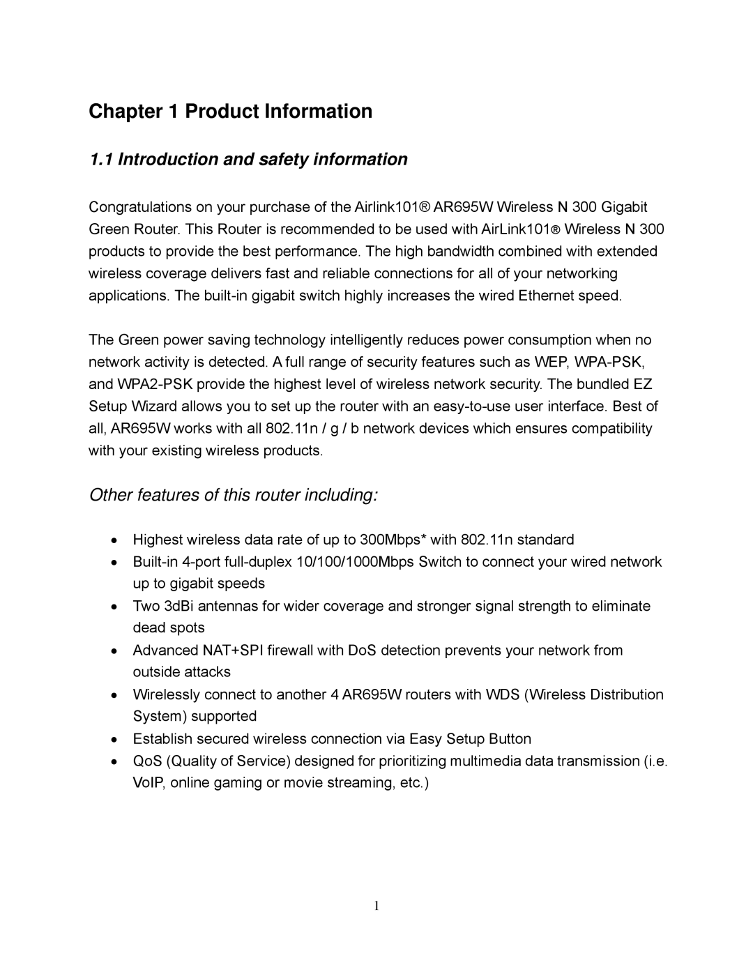 Airlink101 AR695W manual Product Information, Introduction and safety information 