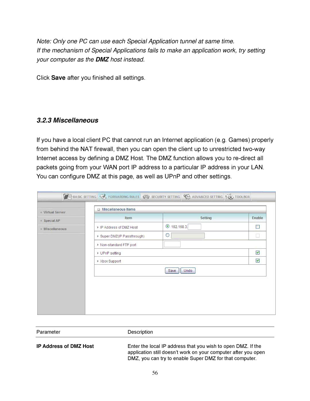 Airlink101 AR695W manual Miscellaneous, IP Address of DMZ Host 