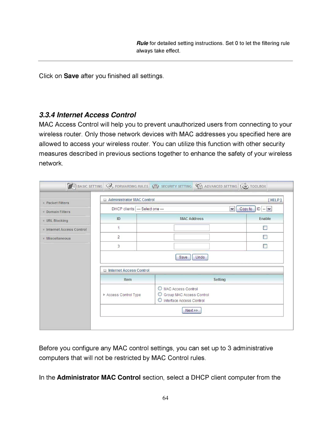 Airlink101 AR695W manual Internet Access Control 