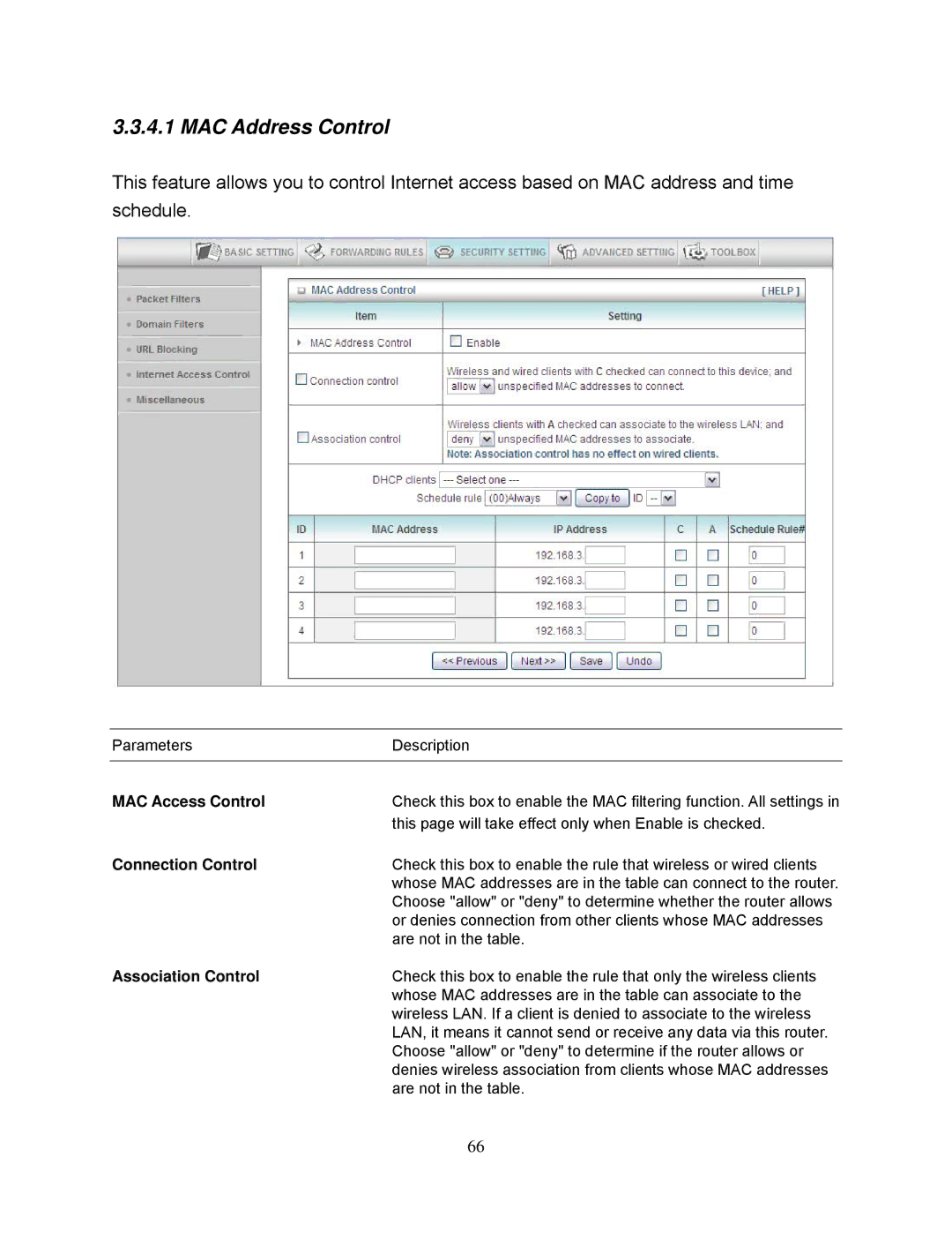 Airlink101 AR695W manual MAC Address Control, MAC Access Control, Association Control 