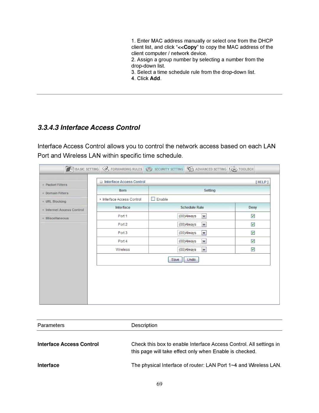 Airlink101 AR695W manual Interface Access Control 