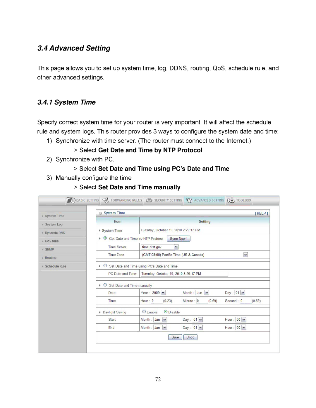 Airlink101 AR695W manual Advanced Setting, System Time, Select Get Date and Time by NTP Protocol 