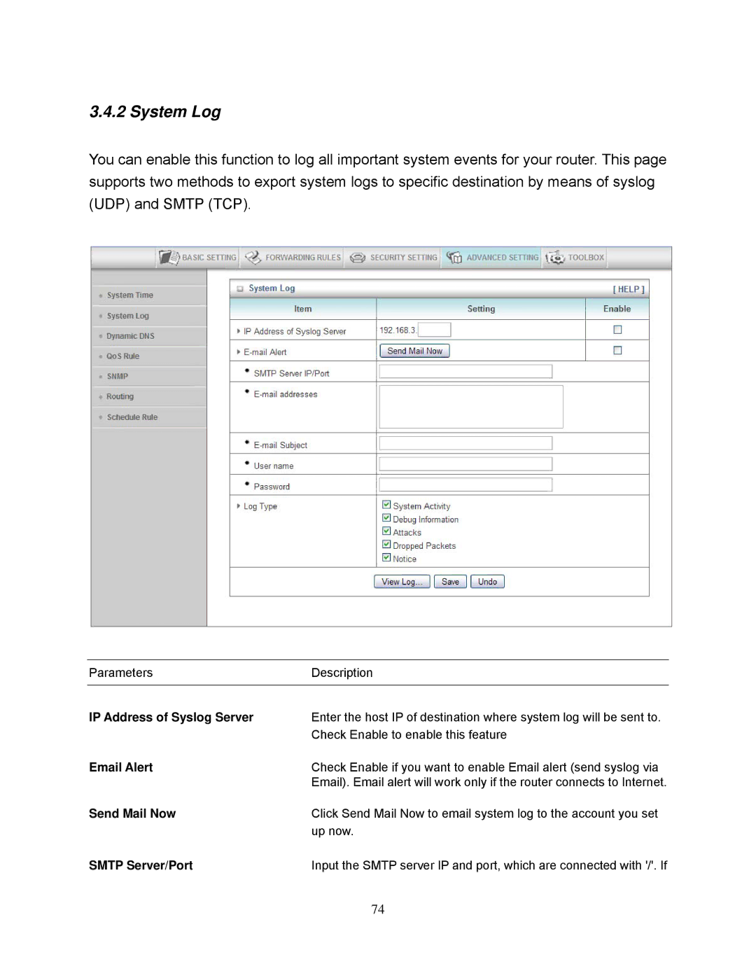 Airlink101 AR695W manual System Log, IP Address of Syslog Server, Email Alert, Send Mail Now, Smtp Server/Port 