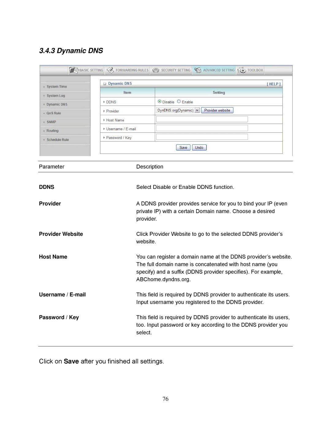 Airlink101 AR695W manual Dynamic DNS, Provider Website, Username / E-mail, Password / Key 