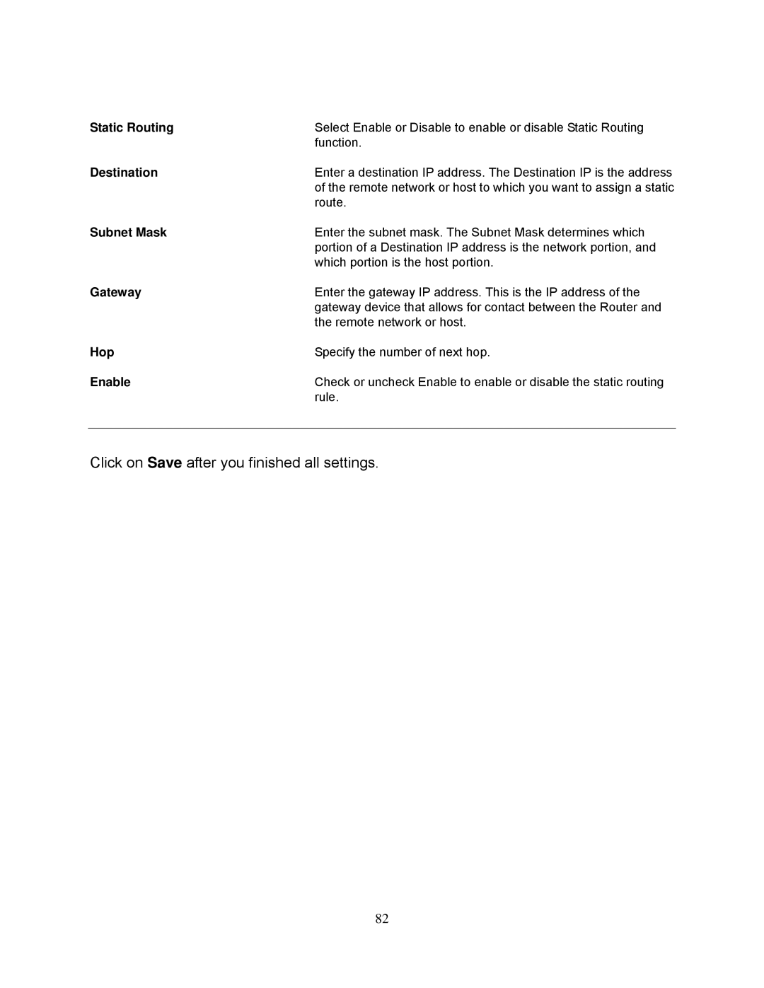 Airlink101 AR695W manual Static Routing, Destination, Subnet Mask, Hop 