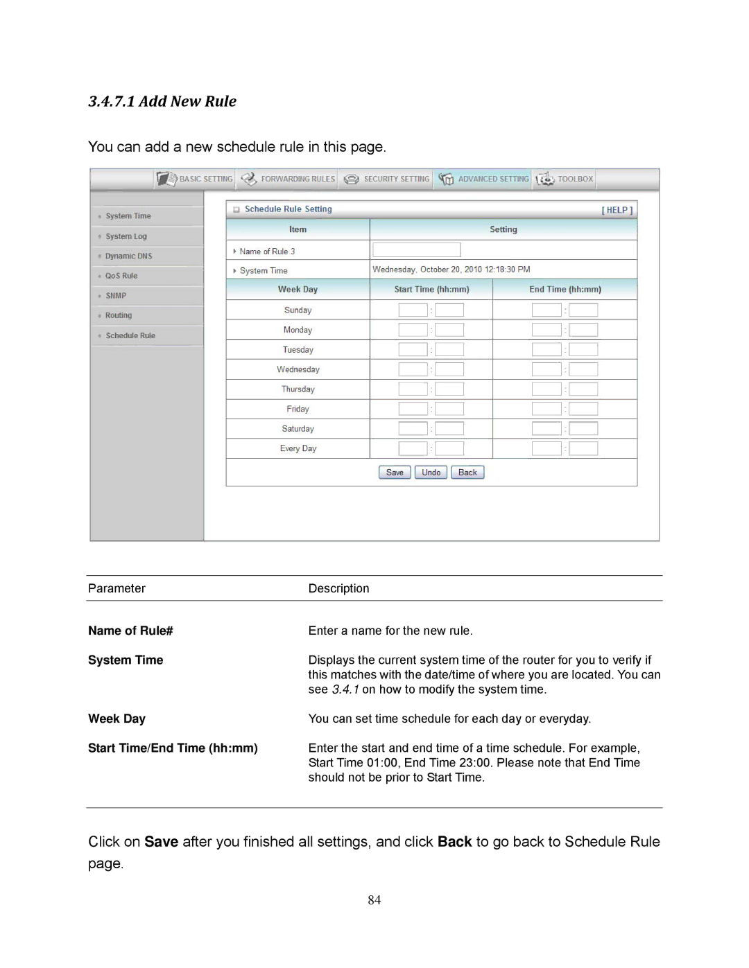 Airlink101 AR695W manual Name of Rule#, Week Day, Start Time/End Time hhmm 