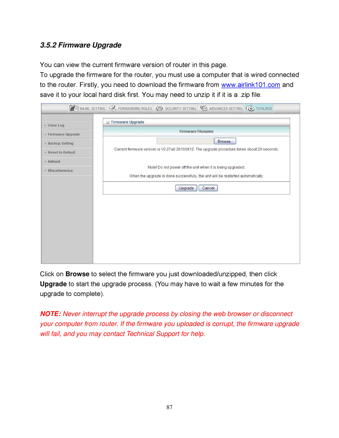 Airlink101 AR695W manual Firmware Upgrade 