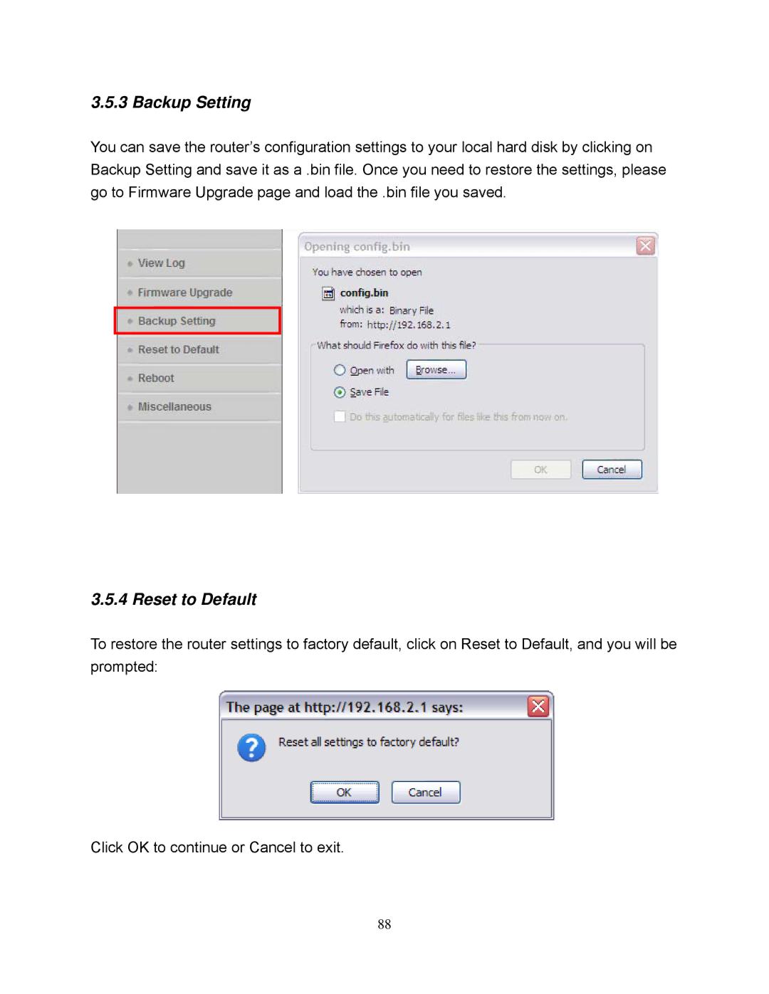 Airlink101 AR695W manual Backup Setting, Reset to Default 