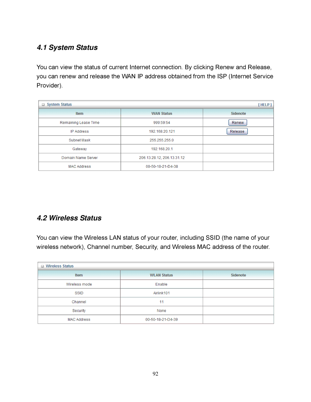 Airlink101 AR695W manual System Status, Wireless Status 