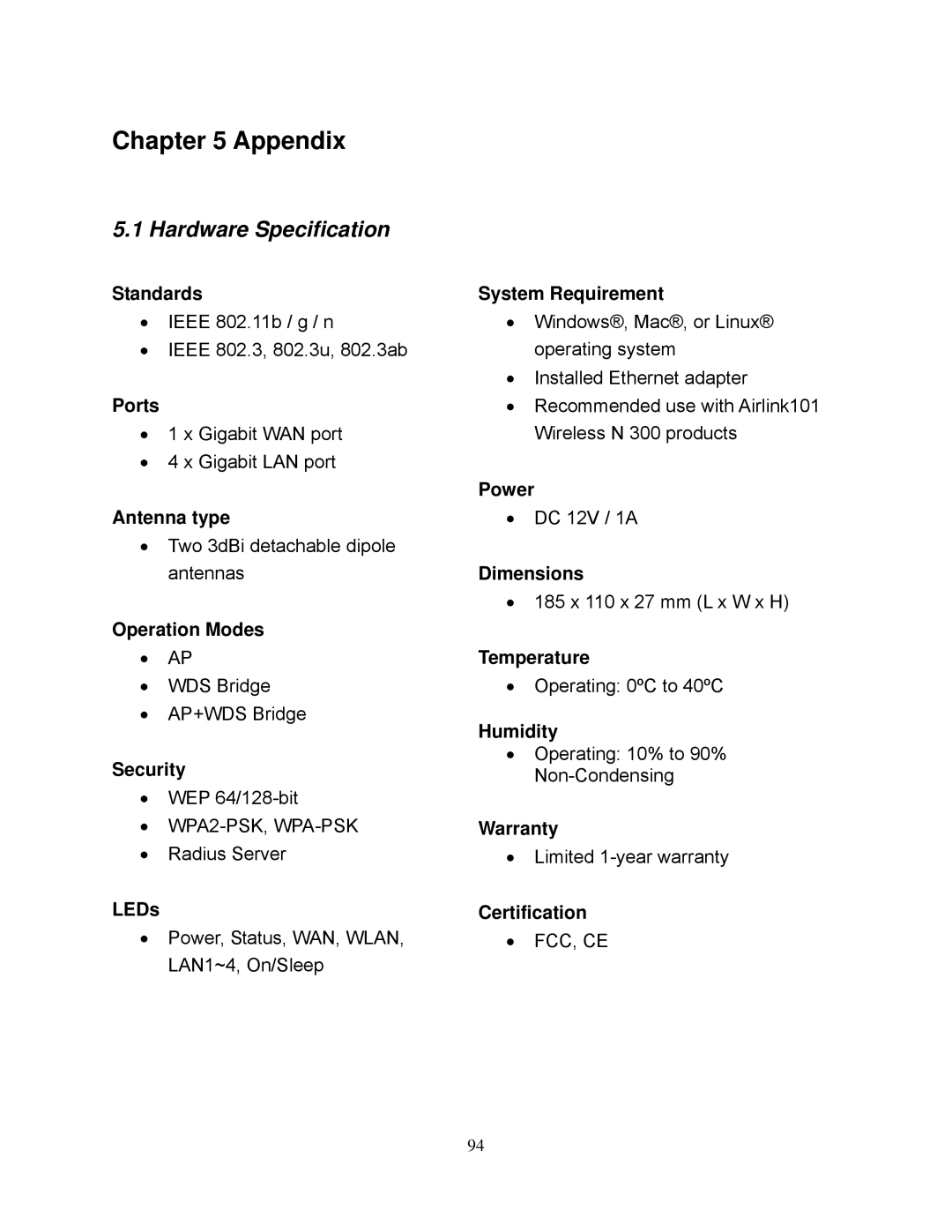 Airlink101 AR695W manual Hardware Specification 