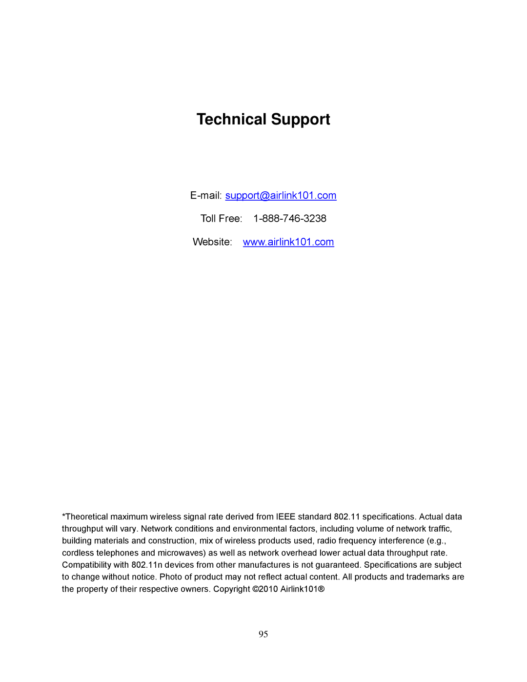 Airlink101 AR695W manual Technical Support 