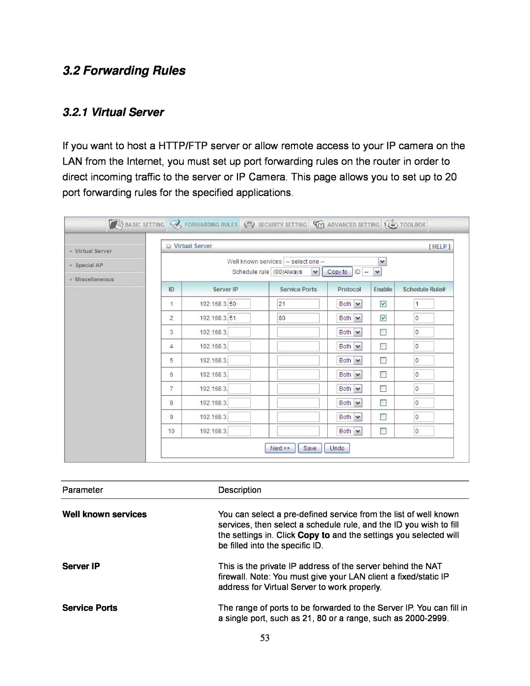 Airlink101 AR695W manual Forwarding Rules, Virtual Server 