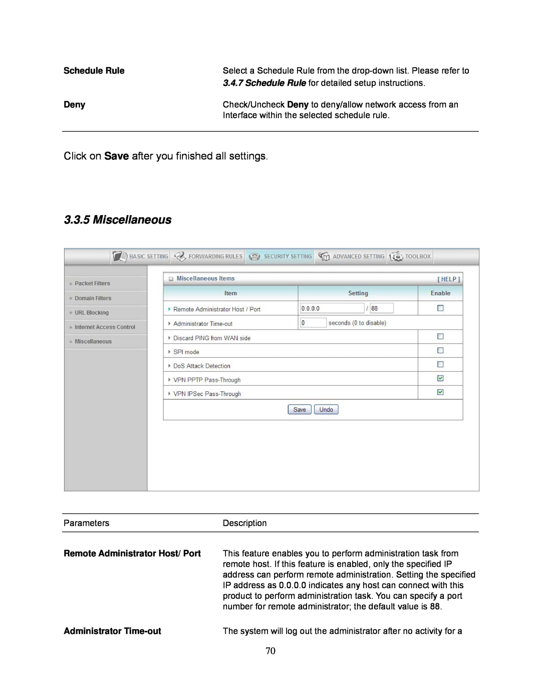 Airlink101 AR695W manual Miscellaneous, Schedule Rule, Deny, Administrator Time-out 