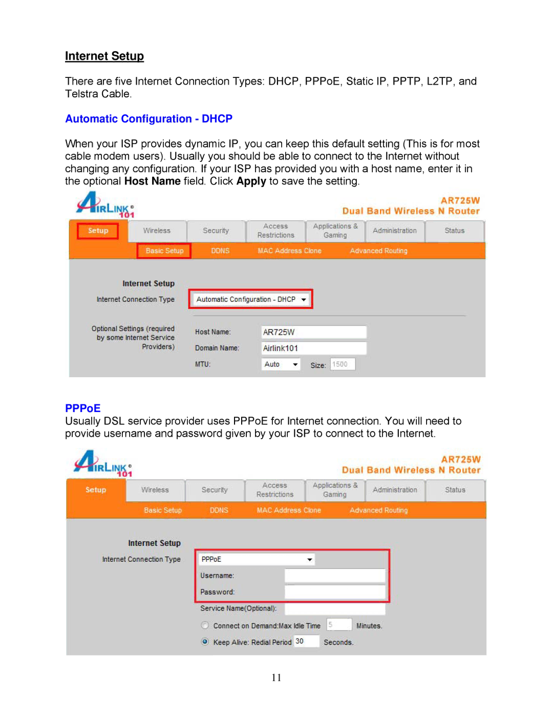 Airlink101 AR725W user manual Internet Setup, Automatic Configuration Dhcp, PPPoE 