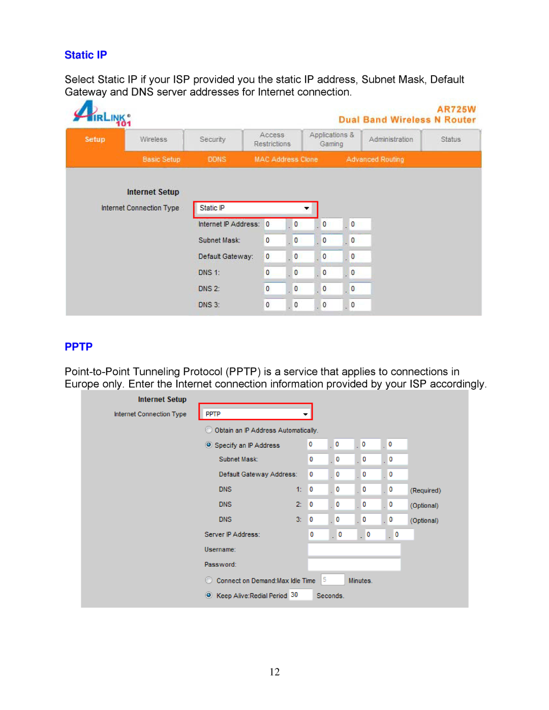 Airlink101 AR725W user manual Static IP, Pptp 