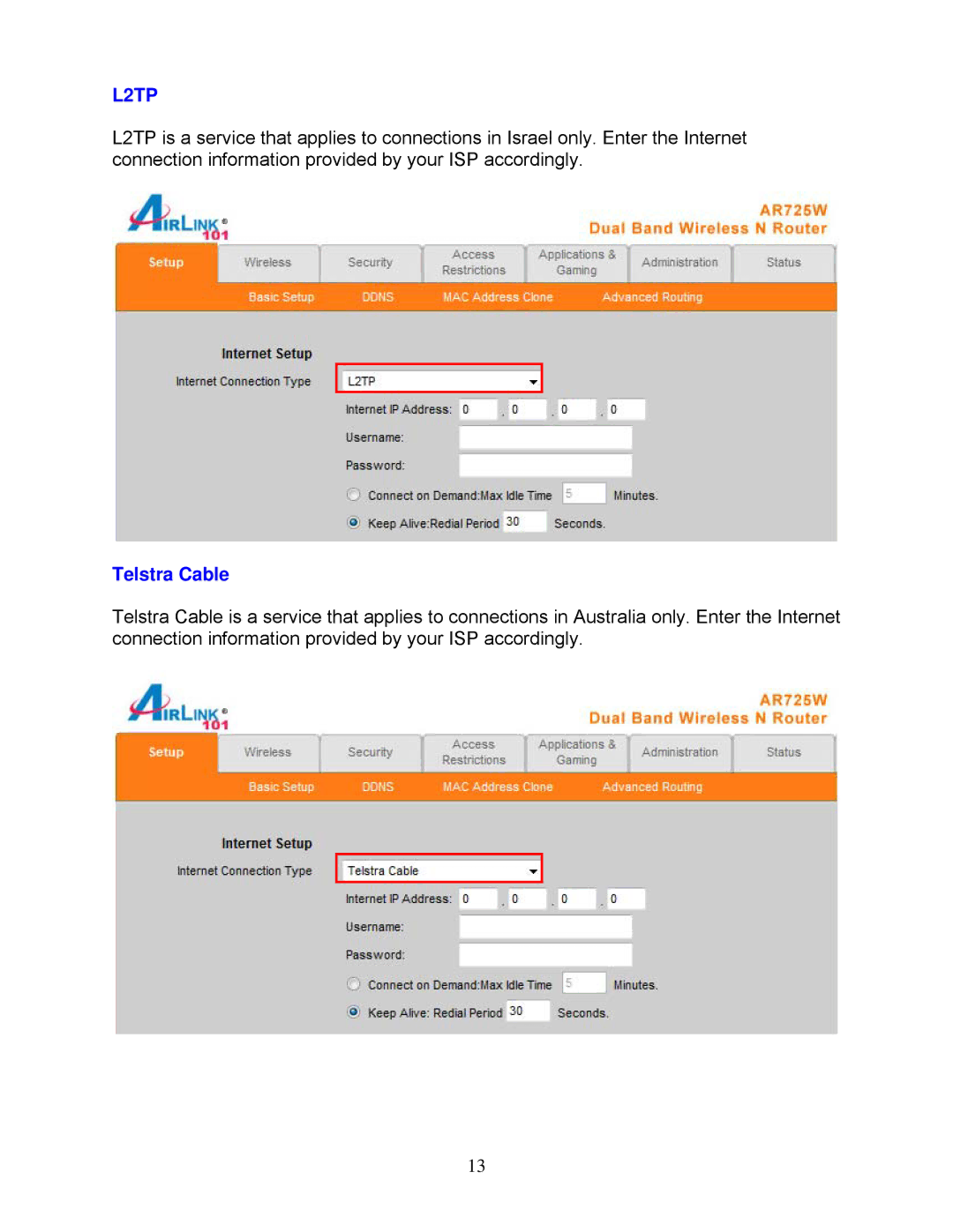 Airlink101 AR725W user manual L2TP, Telstra Cable 