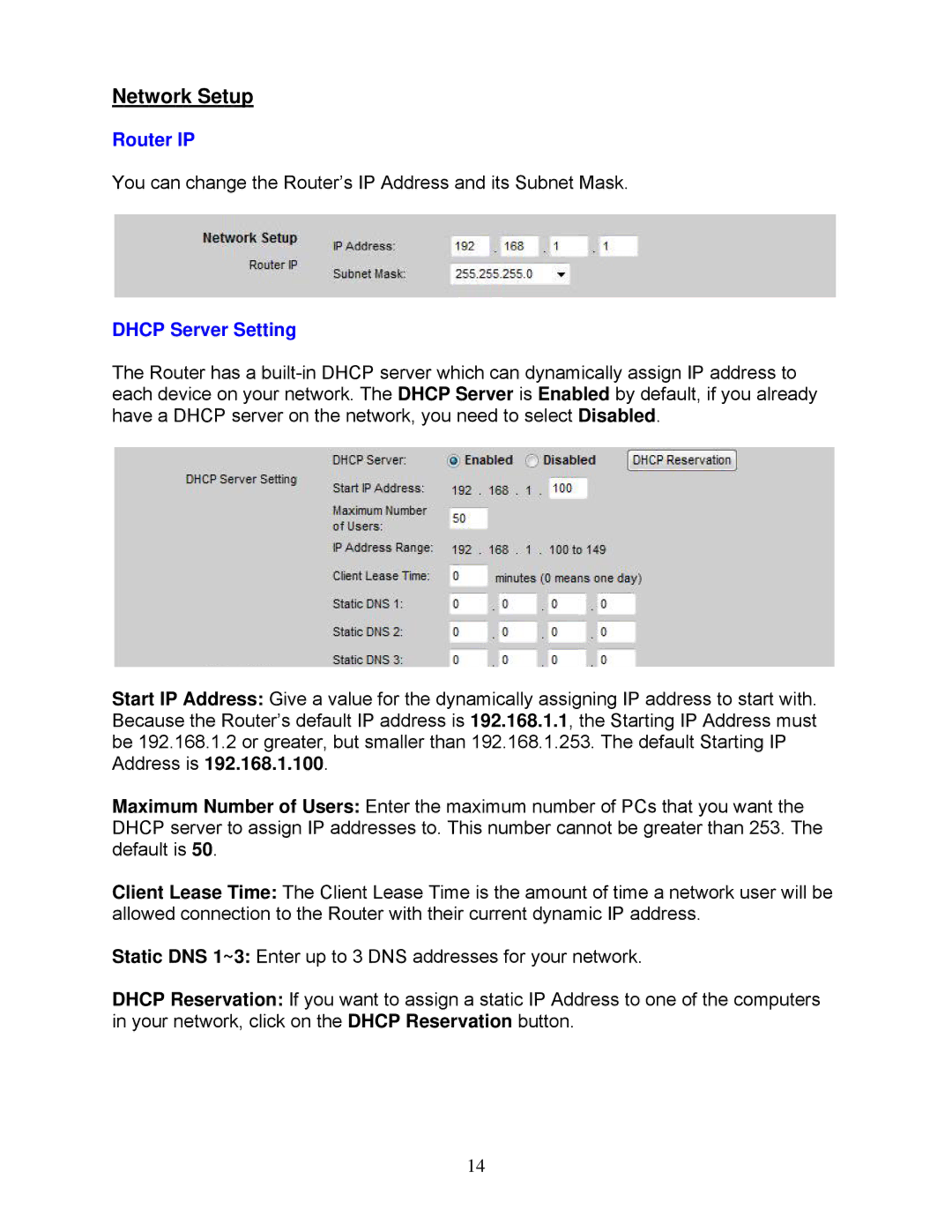 Airlink101 AR725W user manual Network Setup, Router IP, Dhcp Server Setting 