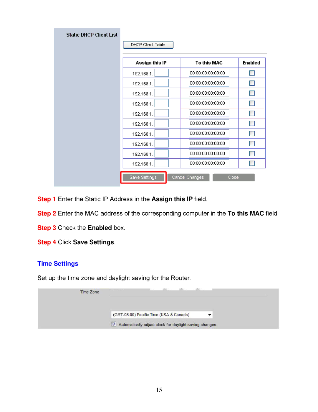 Airlink101 AR725W user manual Click Save Settings, Time Settings 